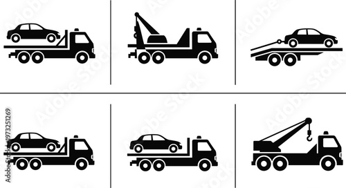 Tow Truck and Car Carrier Icons SetBlack and white icons of tow trucks and car carriers with cars on white background, tow truck, car