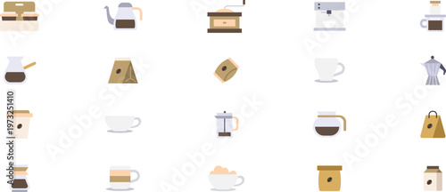 20 Modern Flat Color Coffee Brewing and Barista Equipment Icon Set for Premium Cafe Branding