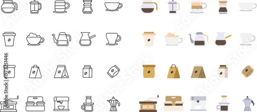 Essential 40 Coffee Line and Flat Color Icons Pack Featuring Takeaway Cups Artisan Roastery Bags and Brewing Tools