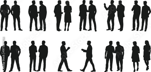 Collection of Black Silhouettes of Men and Women in Various Poses and Interactions on White Background