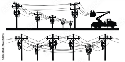 Power Line Workers and Truck Silhouette Set On White Background untitled