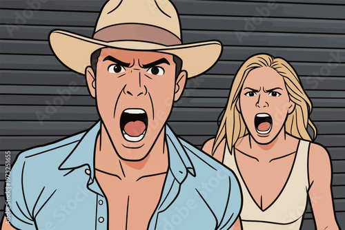 Angry Man and Woman with Shouting Expression