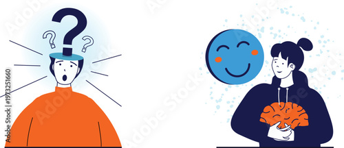 Confusion and clarity illustrated through contrasting human expressions and planetary emotions