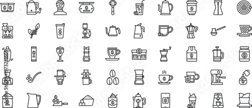 Professional 50 Coffee Brewing and Barista Equipment Outline Icon Set