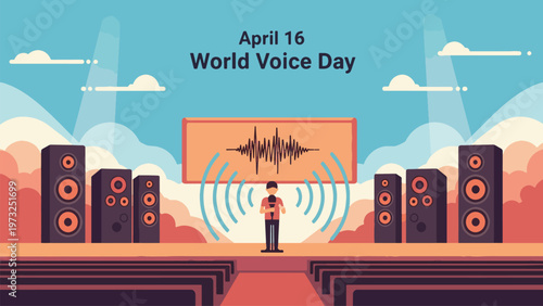 A person speaking on a stage with speakers and a sound wave graphic, celebrating World Voice Day on April 16.