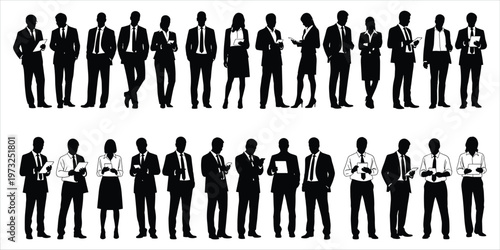 Collection of diverse business people silhouettes in various poses holding documents and phones group