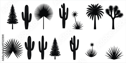 Silhouettes of Various Desert and Evergreen Plants on White Background tree cactus