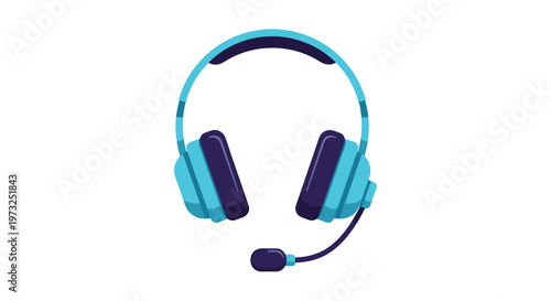 Flat vector icon of a blue and purple gaming headset with a microphone for customer support or online communication services.
