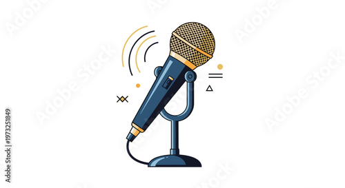 Modern flat icon of a professional microphone on a stand with sound wave lines and geometric decorative elements.