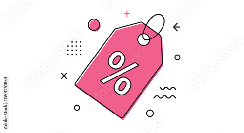 Bright pink price tag icon with a percent sign surrounded by modern geometric shapes and dots for a retail sales concept.