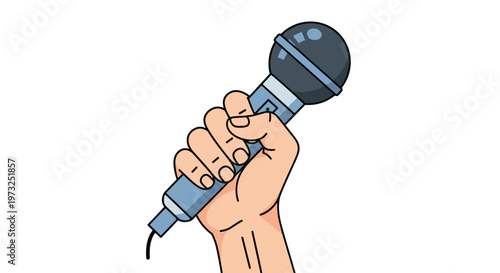 Flat illustration of a person's hand firmly gripping a blue microphone to symbolize public speaking, performance, or an interview.