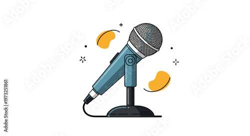 Stylized illustration of a studio microphone on a desk stand with colorful abstract shapes and tiny star icons in the background.