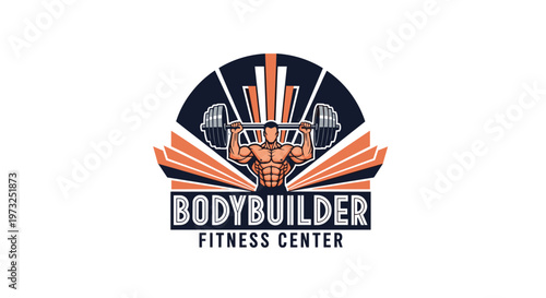 Detailed gym logo for a bodybuilder fitness center featuring a muscular man lifting a barbell with orange and navy sunbeams.