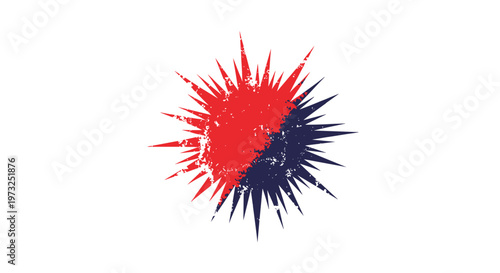 Abstract distressed graphic of a spiked sunburst shape split into red and navy blue halves on a plain white background.