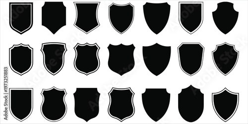 Collection of black shield shapes with white outlines on a white background untitled