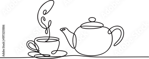 A minimalist line drawing of a steaming cup of tea and a teapot on a saucer, embodying a moment of peaceful refreshment