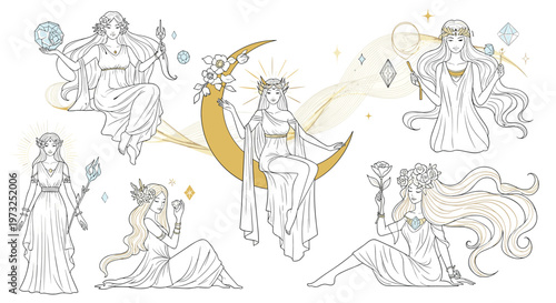 Ethereal collection of mystical female figures interacting with celestial elements like the moon, stars, and magical staffs.