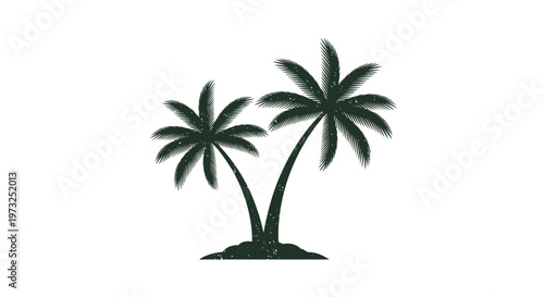 Silhouette of two palm trees on a small patch of land reflecting a tropical paradise and summer vacation theme.