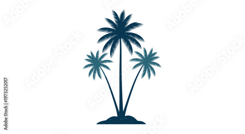 Silhouette of three palm trees on a small island or hill against a clean white background evoking tropical tranquility.
