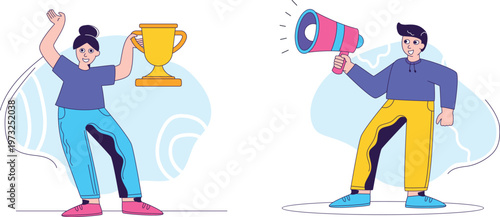 Celebration and announcement through different expressions of achievement and communication