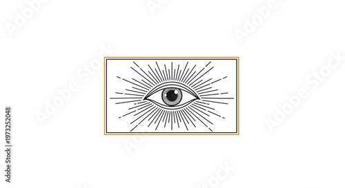 Minimalist illustration of an all seeing eye with radiating sunburst beams inside a thin rectangular frame on a white background.