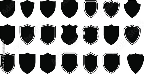 Collection of Black Shield Shapes and Crests on White Background Keywords: shield, emblem, badge, crest, insignia, heraldry, security