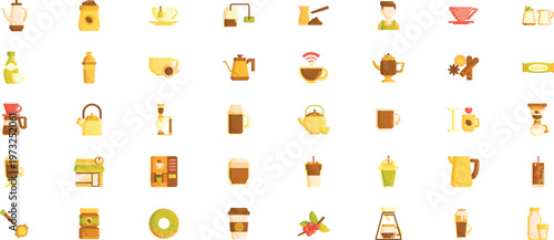 Professional 40 Flat Color Coffee Tea and Artisan Beverage Icons for Modern Cafe Branding