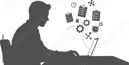 Businessman silhouette working on laptop with productivity and task management icons