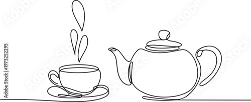 A serene single-line illustration of a comforting teacup with heart-shaped steam next to a classic teapot, symbolizing warmth, relaxation, and hospitality through minimalist art