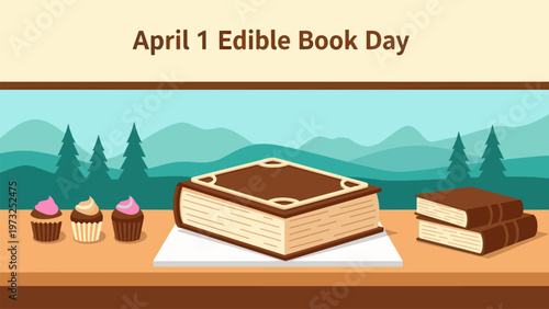 A scene celebrating Edible Book Day with a large book-shaped cake, cupcakes, and smaller books on a table against a stylized landscape.