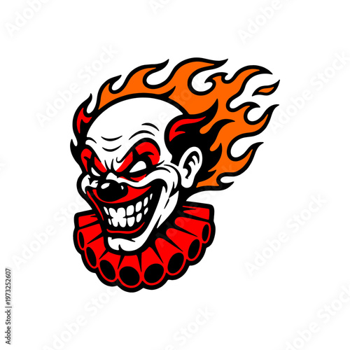 Evil clown head with flaming hair and red ruffled collar vector illustration