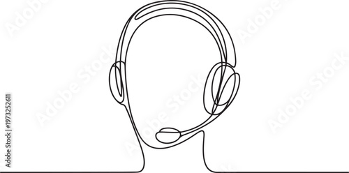 Continuous line art drawing of a minimalist human head wearing a communication headset with a microphone, symbolizing customer support, online service, or interactive communication