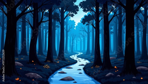 Mystical Forest Scene with Serene Stream Flowing Through Dense Woodland Under Moonlit Night Sky Illuminating Trees and Rocks