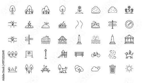 Park Tree City Garden Map Style Line Icon Set Minimal Editable Stroke Vector