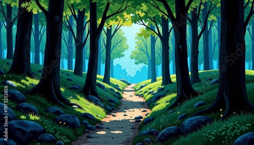 Serene Forest Pathway Illuminated by Dappled Sunlight Through Dense Canopy of Lush Green Trees, Tranquil Walkway in Enchanting Woodland