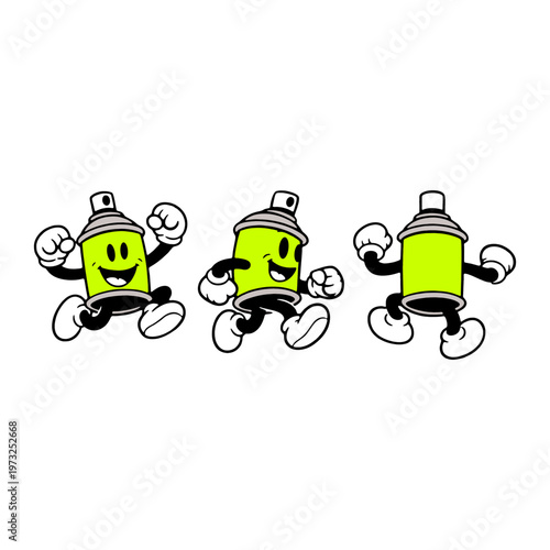 Cartoon spray paint can character mascot set