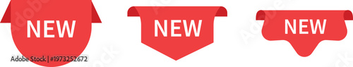 Three distinct new product announcement badge designs in vibrant red color