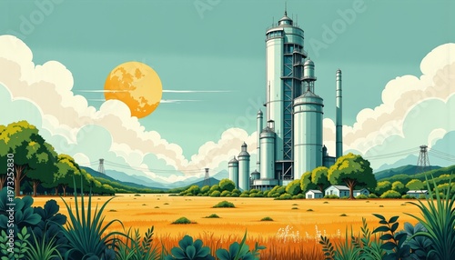 Futuristic Industrial Facility in Lush Landscape Under Sunny Sky with Towering Structures and Green Surroundings