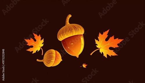 Elegantly Simple Autumn Illustration Featuring Two Golden Acorns and Vibrant Maple Leaves Against a Deep Brown Background Symbolizing Seasonal Change