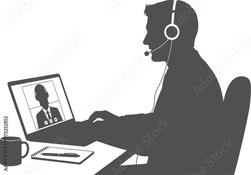 Customer service agent silhouette conducting a video call with headset