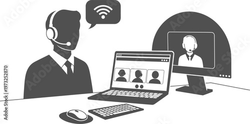 Customer service representative silhouette conducting a video conference