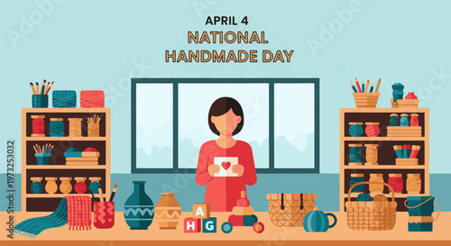 Illustration of a woman in a craft room celebrating National Handmade Day with various handmade items and supplies.