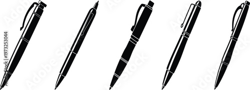 Set of black ballpoint pen icons, stationery office supply vector for writing, signing and documentation