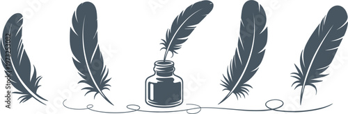 Vintage quill feathers and inkwell set for calligraphy, traditional writing tool icons on white background, vector