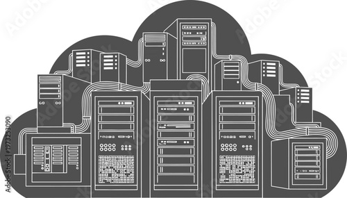 Data center server racks illustration for cloud computing concept