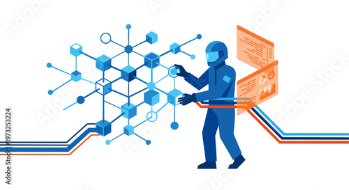 A flat vector illustration of an AI Engineer constructing a complex network. The engineer is positioned in the center, snapping glowing, geometric blue cubes (representing neural network layers) into 