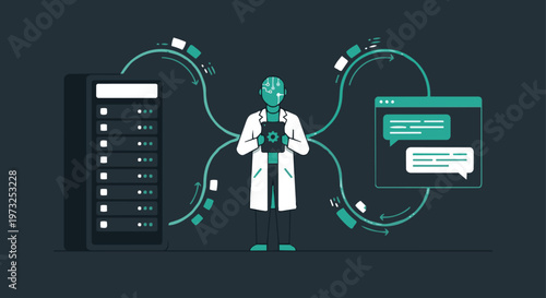 "A minimal 2D flat vector graphic of an AI Engineer optimizing a Retrieval-Augmented Generation (RAG) system. The engineer stands between two main elements: a sleek, large server rack 