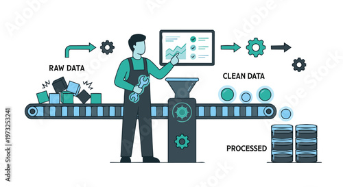 "A minimal 2D flat vector illustration of an ML Engineer managing a data preprocessing pipeline. The engineer stands next to a stylized conveyor belt. 
