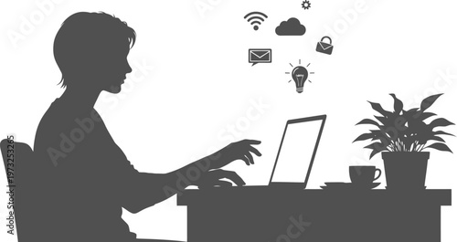 Digital nomad silhouette managing online tasks with cloud storage and email icons