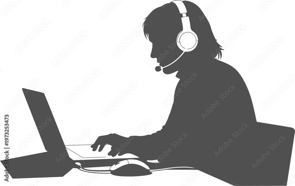 Fototapeta premium Female customer support silhouette with headset using laptop